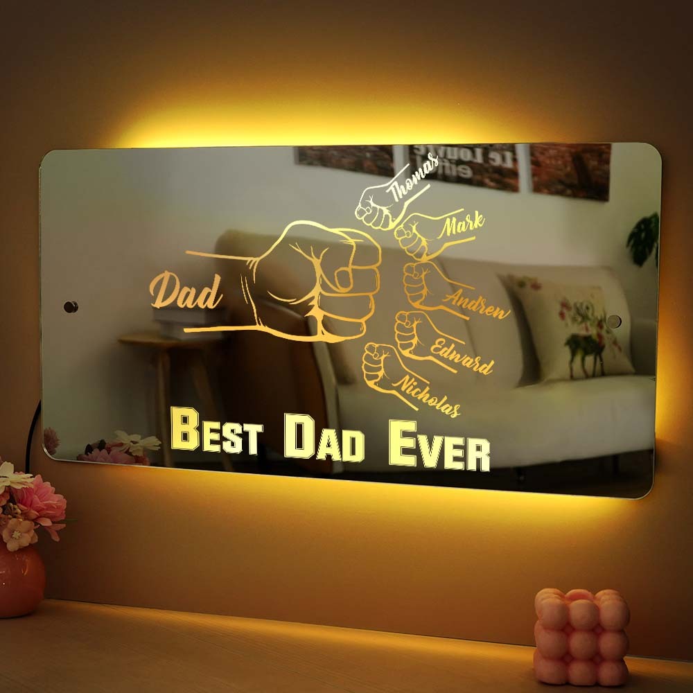 Personalized Dad Fist Mirror Light Custom Name Mirror Lamp Team Dad Fist Best Dad Ever Wall Decoration Father's Day Gift