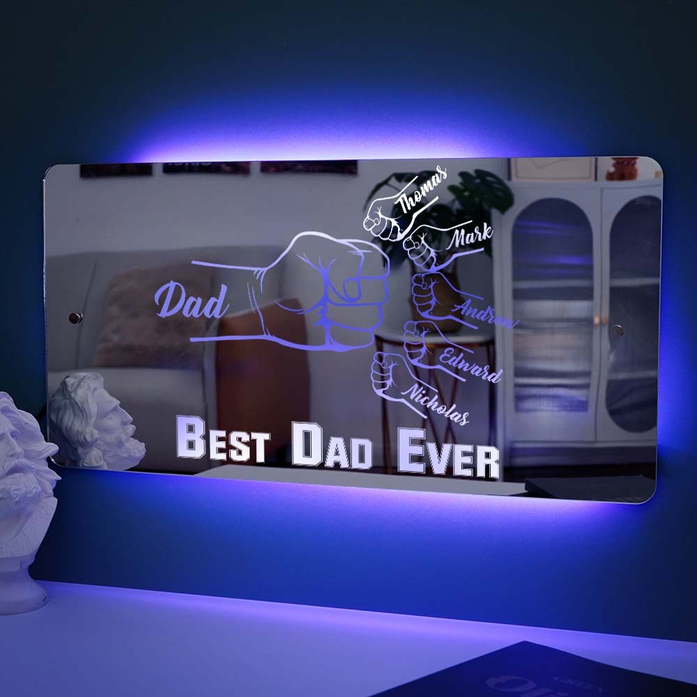 Personalized Dad Fist Mirror Light Custom Name Mirror Lamp Team Dad Fist Best Dad Ever Wall Decoration Father's Day Gift