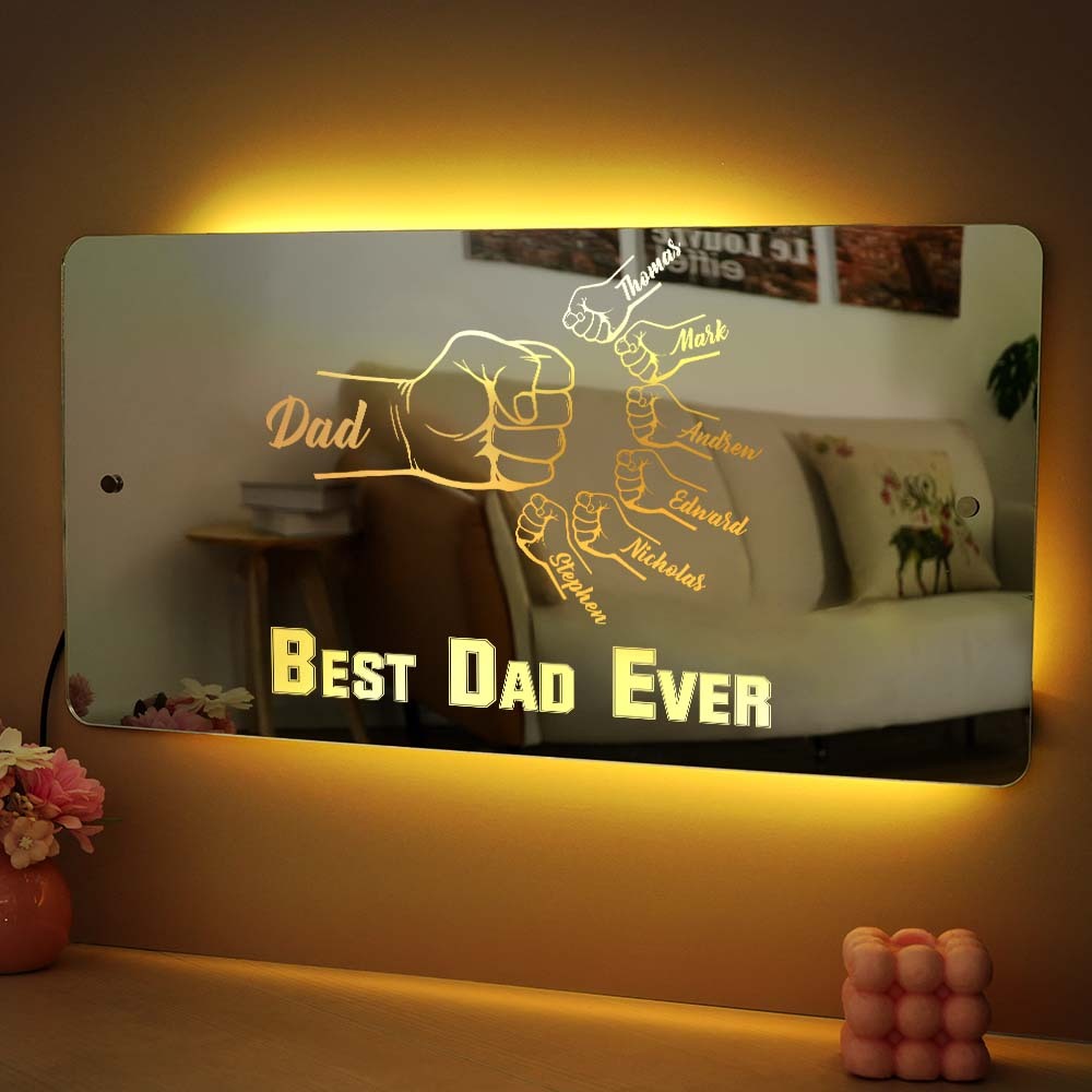 Personalized Dad Fist Mirror Light Custom Name Mirror Lamp Team Dad Fist Best Dad Ever Wall Decoration Father's Day Gift