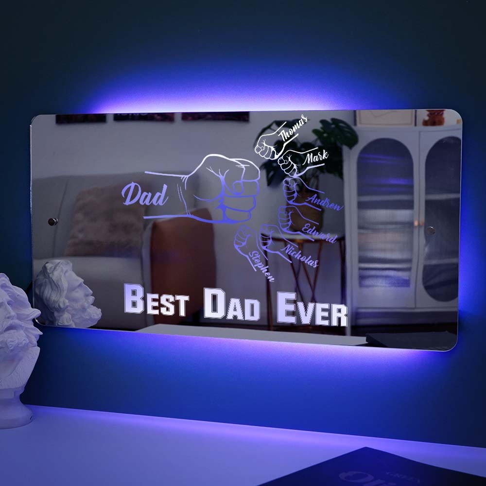 Personalized Dad Fist Mirror Light Custom Name Mirror Lamp Team Dad Fist Best Dad Ever Wall Decoration Father's Day Gift
