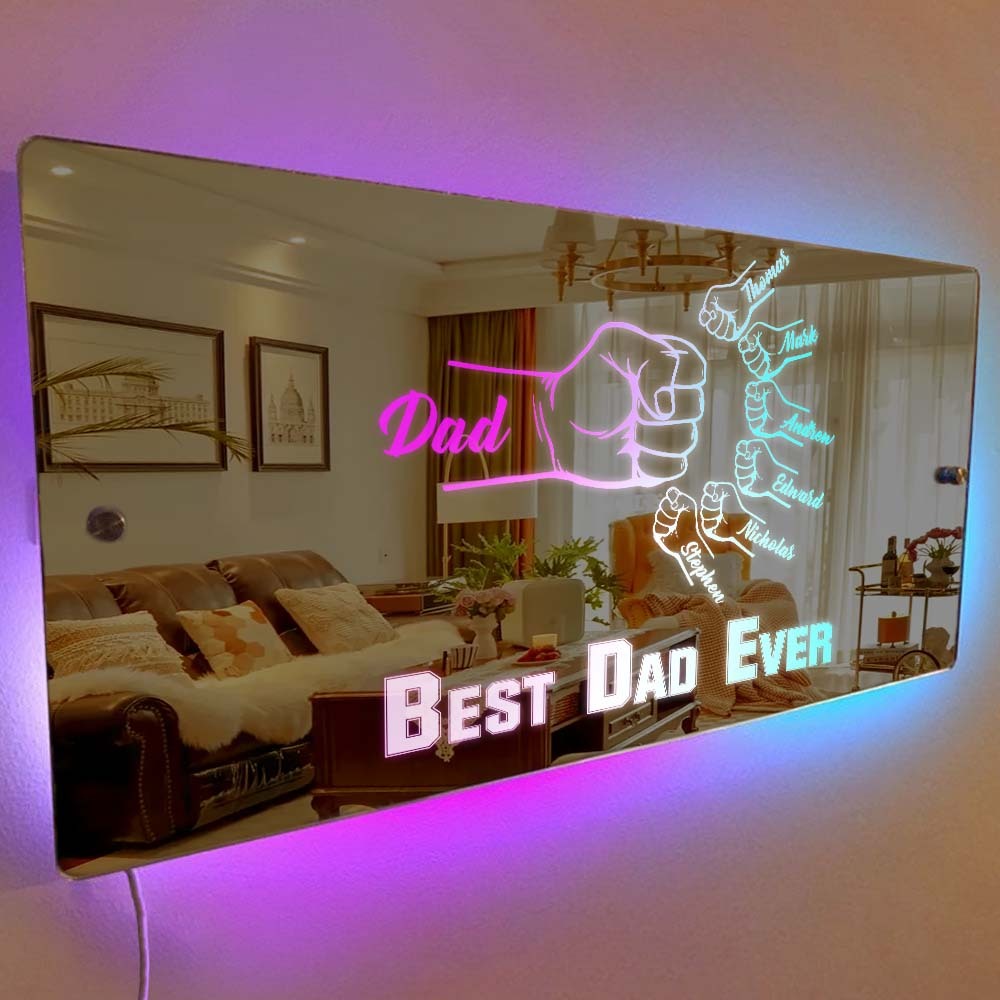 Personalized Dad Fist Mirror Light Custom Name Mirror Lamp Team Dad Fist Best Dad Ever Wall Decoration Father's Day Gift