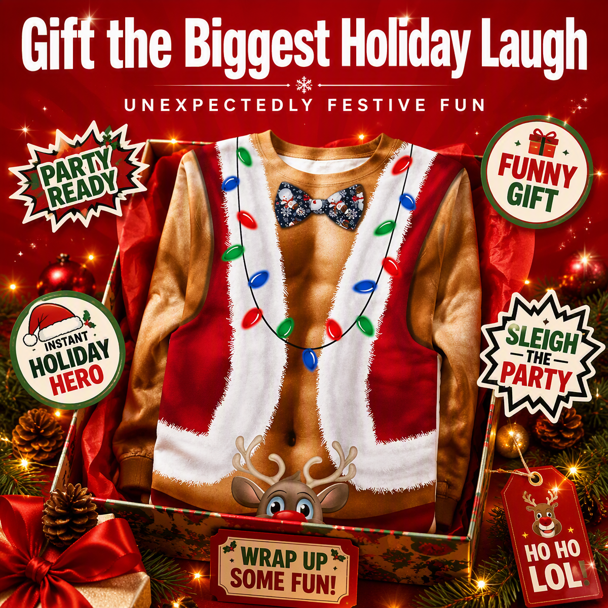 Funny Ripped Santa Muscle Abs Ugly Christmas Sweater – 3D Printed Christmas Lights & Reindeer Bowtie Sweatshirt, Novelty Holiday Party Outfit - Get Photo Blanket