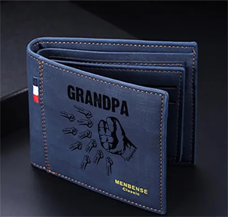 Personalized 1-5 Fists Bump Leather Wallet with Engraved Names Father's Day Birthday Gift for Dad Grandpa