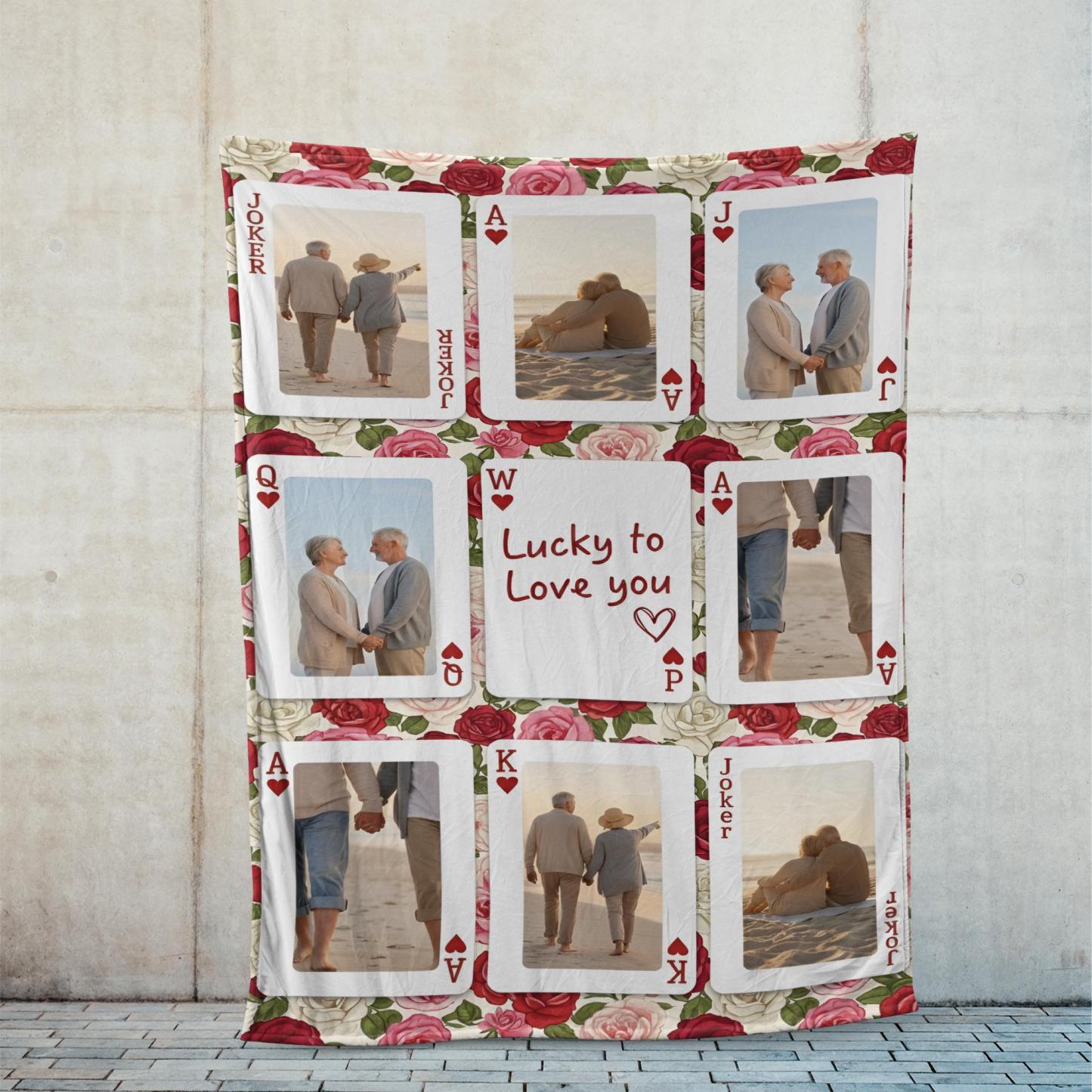 Personalized Playing Cards Fleece Blanket: Custom Photo Red Rose Valentine's Day Anniversary Gift