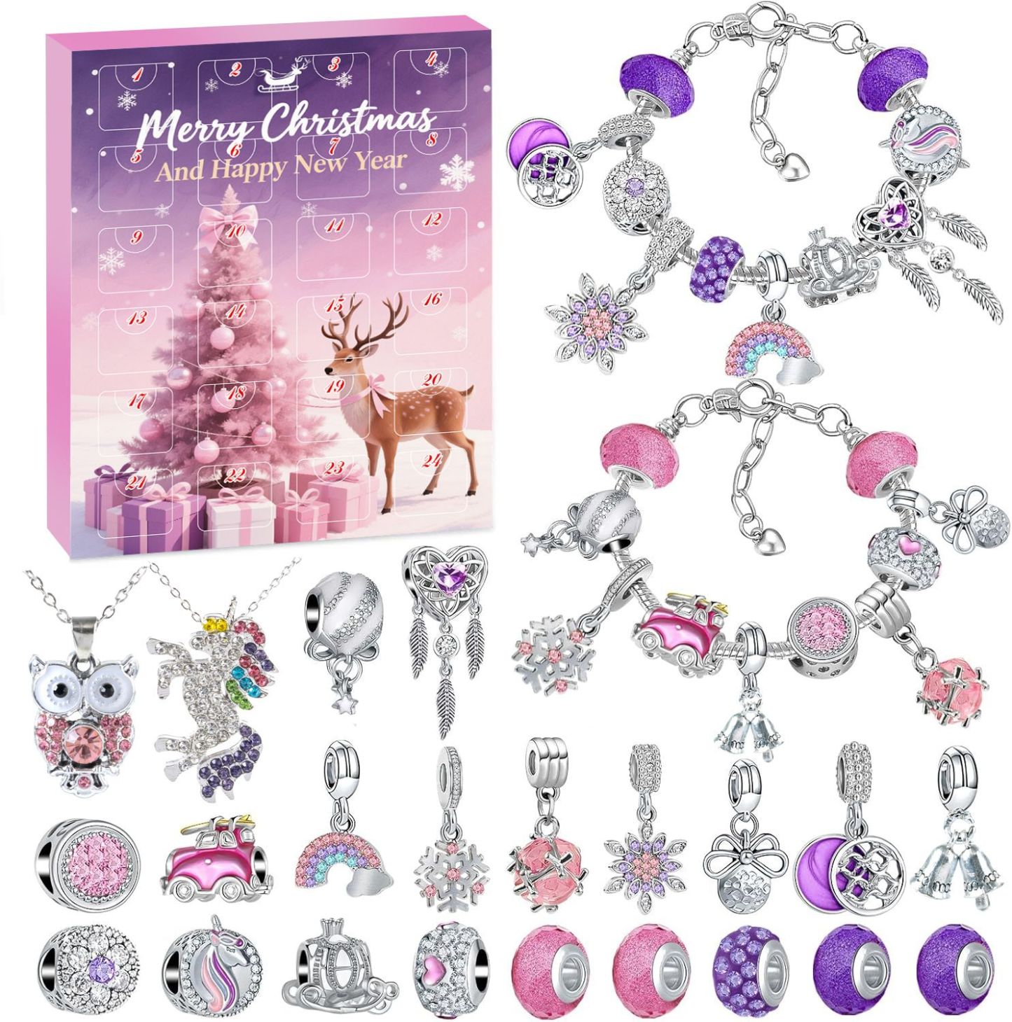 Christmas Princess Advent Calendar Bracelet 24 Days of Christmas Countdown Calendar Jewellery Blind Box, DIY Jewelry Making Kit with Charm Beads, DIY Christmas Bracelet Gifts for Girls
