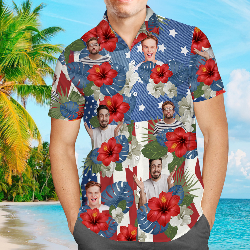 Custom Photo American Flag Hawaiian Shirt Tropical Independence Day Gift Shirt
