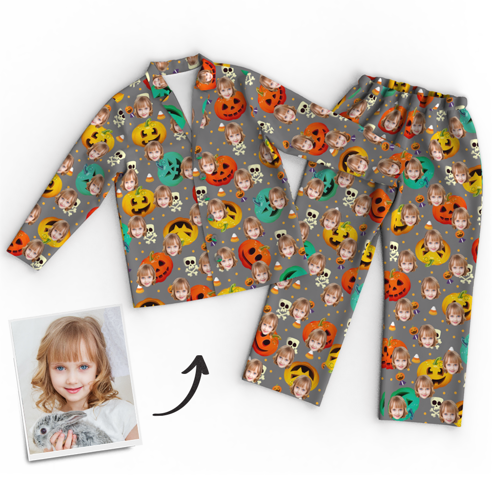 Custom Face Pumpkin Skeleton Pajamas Halloween For Children - Get Photo Blanket