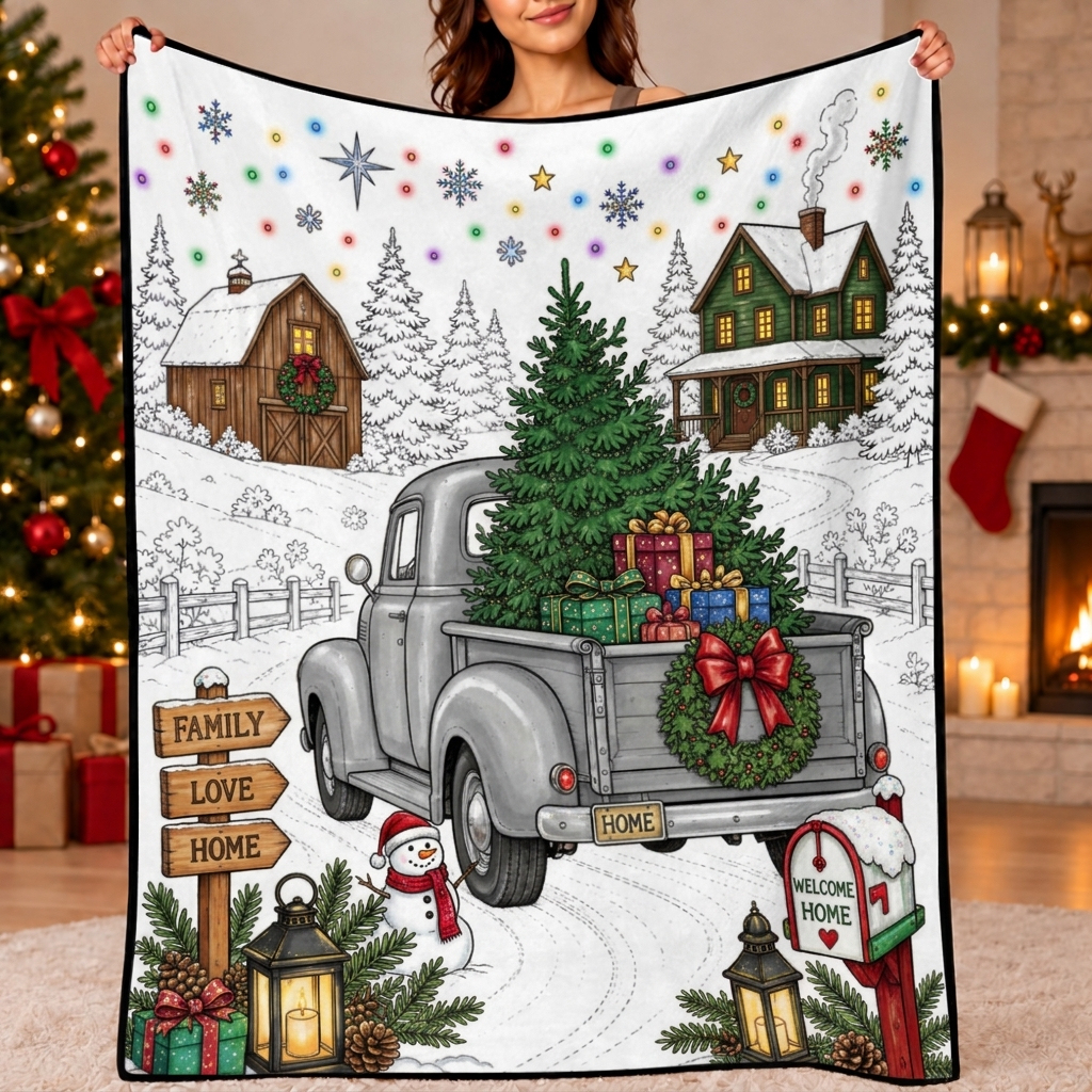 DIY Drawing Christmas Elements Blanket - Christmas Tree, Reindeer, Snowman & Gingerbread Holiday Art Blanket