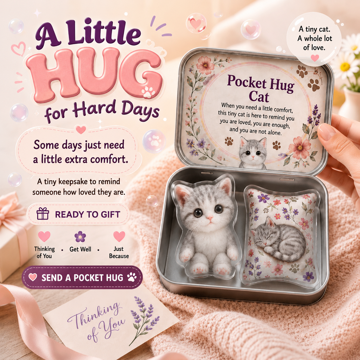 Pocket Hug Cat in Tin Box, Encouragement Comfort Gift, Thoughtful Present for Friends