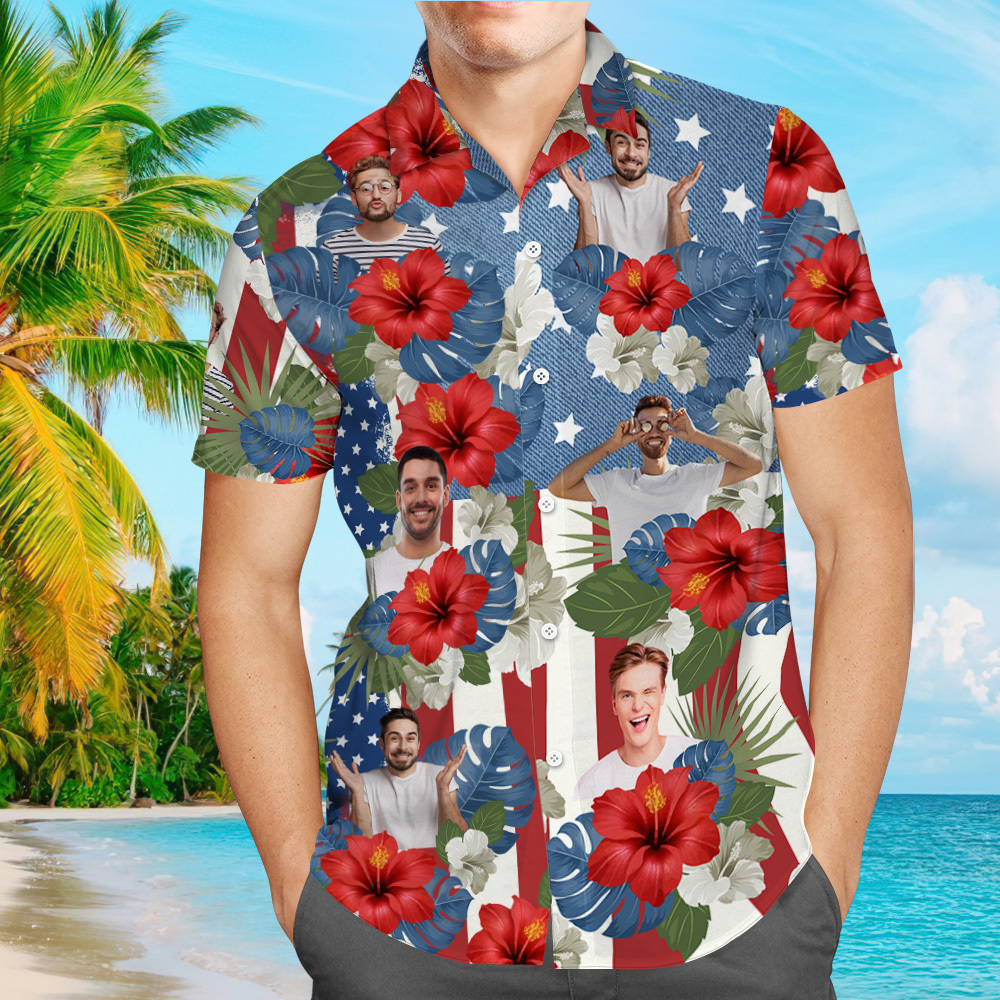 Custom Photo American Flag Hawaiian Shirt Tropical Independence Day Gift Shirt