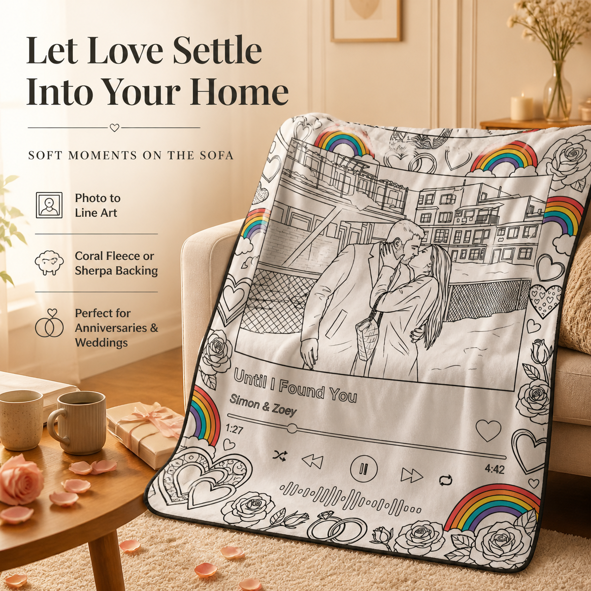 Custom Drawing Couple Blanket with Song Art Design – Cozy Gift for Modern Romantics & Urban Lovers