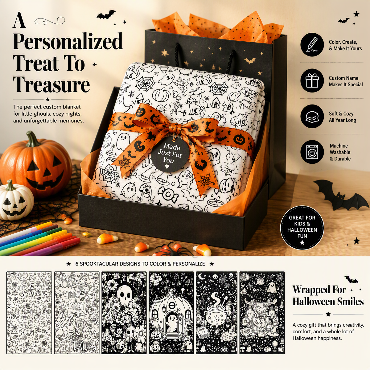 Halloween DIY Drawing Blanket – Creative Art Blanket for Kids & Adults, Spooky Halloween Activity Gift