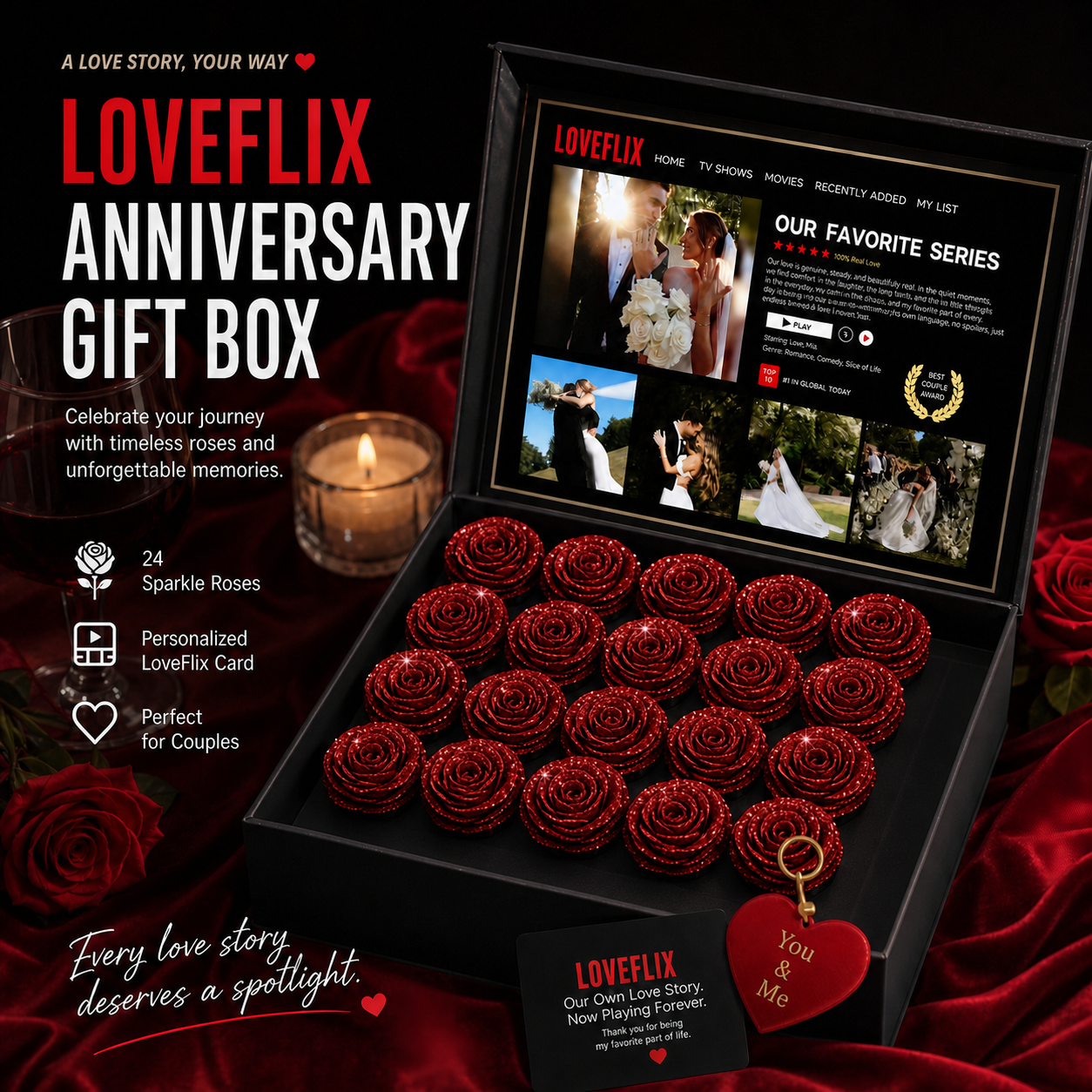 Custom LOVEFLIX Keepsake Box With Glitter Roses – Personalized Loveflix-Style Couple Gifts