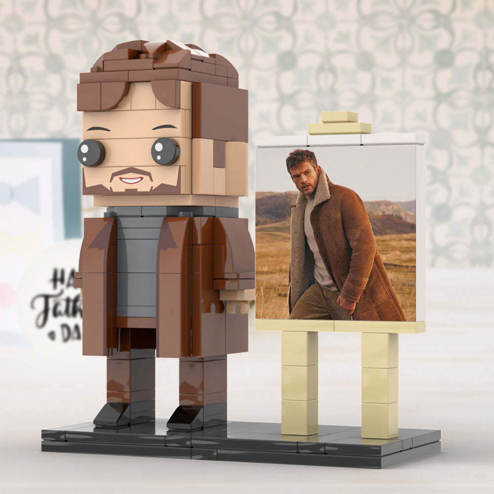 Full Body Customizable 1 Person Cool Young Daddy In Long Brown Coat Custom Brick with Frame Figures Small Particle Block Toy Brick Me Figures For Father's Day - Get Photo Blanket