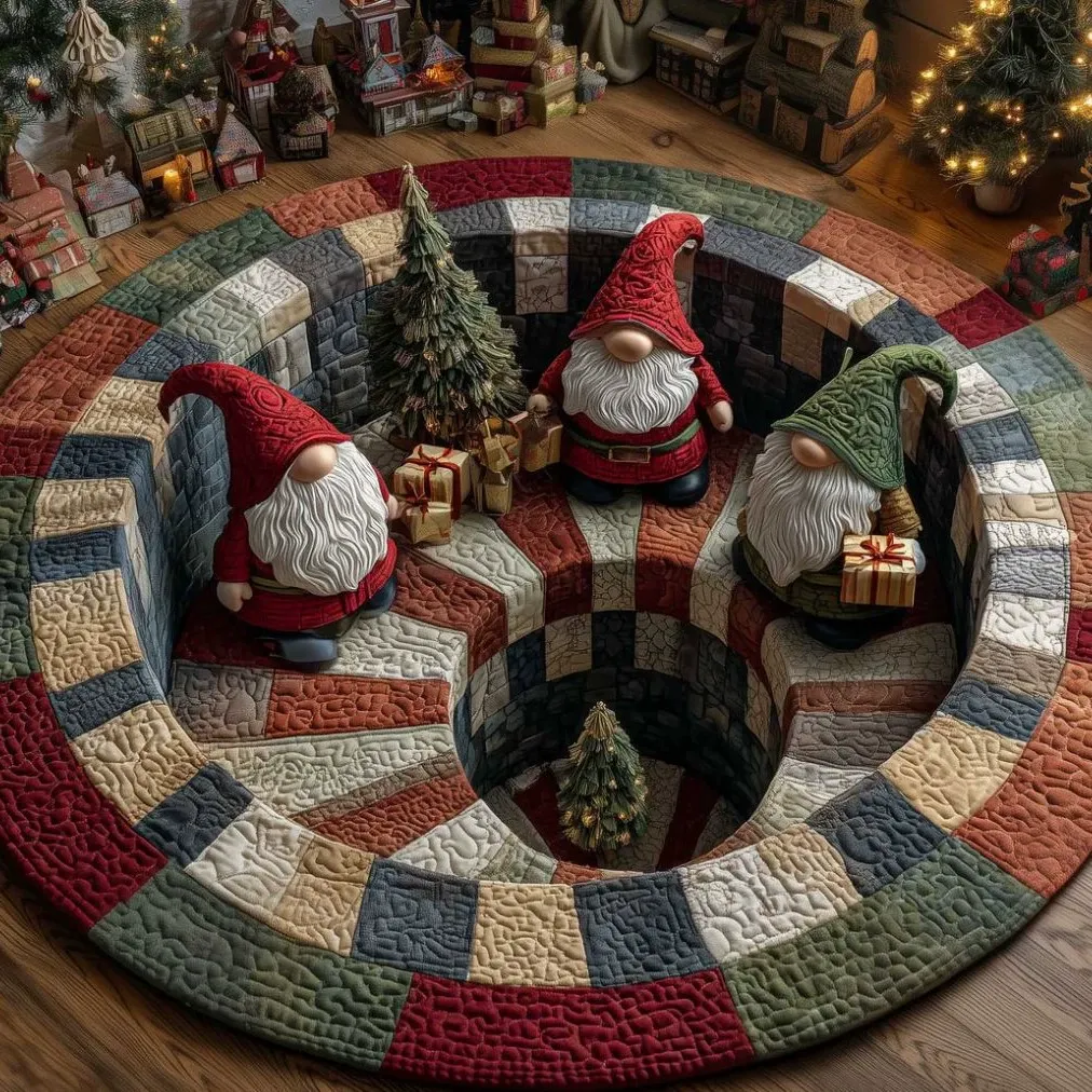 3D Christmas Optical Illusion Round Rug – Bottomless Hole Santa & Gnome Area Rug, Festive Holiday Doormat, Cozy Winter Home Floor Decor