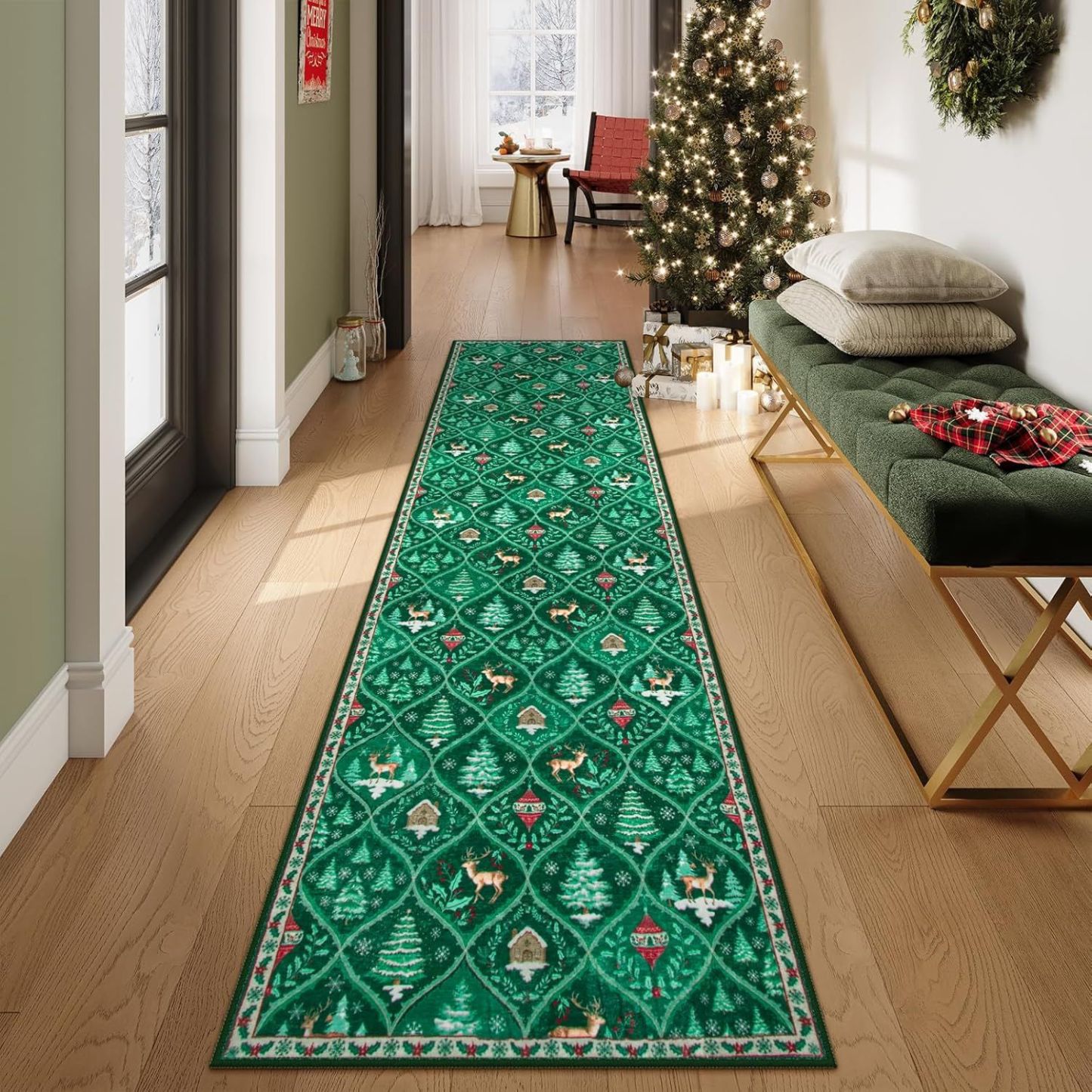 Indoor Christmas Rug Small Kitchen Bathroom Rugs for Entryway,Washable Soft Non-Slip Christmas Tree Santa Claus Area Rug,Door Mat for Winter Living Room Bedroom Holiday Decor