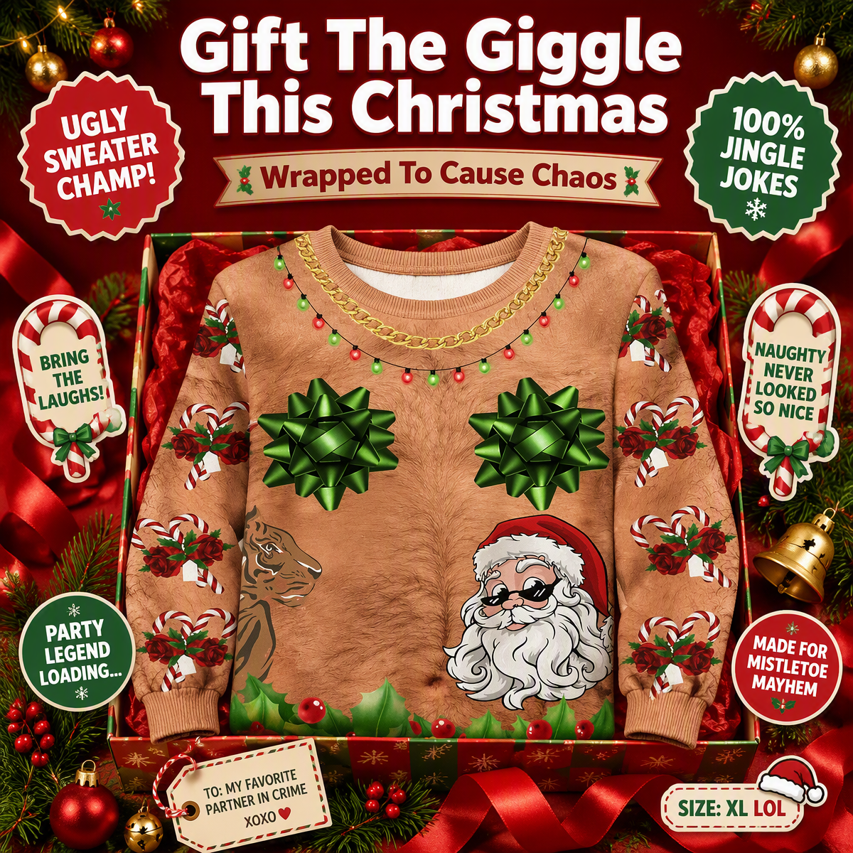 Funny Hairy Chest Bow Bows Ugly Christmas Sweater – 3D Printed Candy Cane & Santa Tattoo Graphic Sweatshirt, Novelty Holiday Gag Gift Top - Get Photo Blanket
