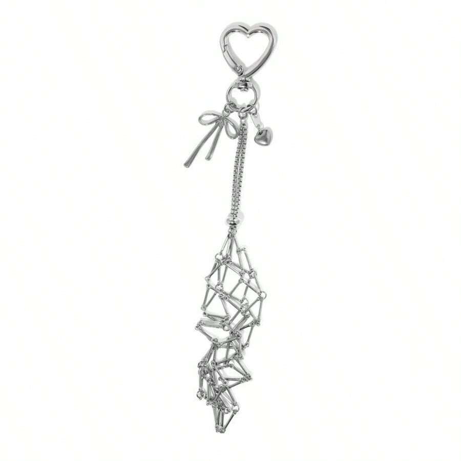 Metal Lipstick Holder Bag Charm Heart & Star Decor Lipstick Case Keychain With Mini Mirror Bag Pendant For Handbags