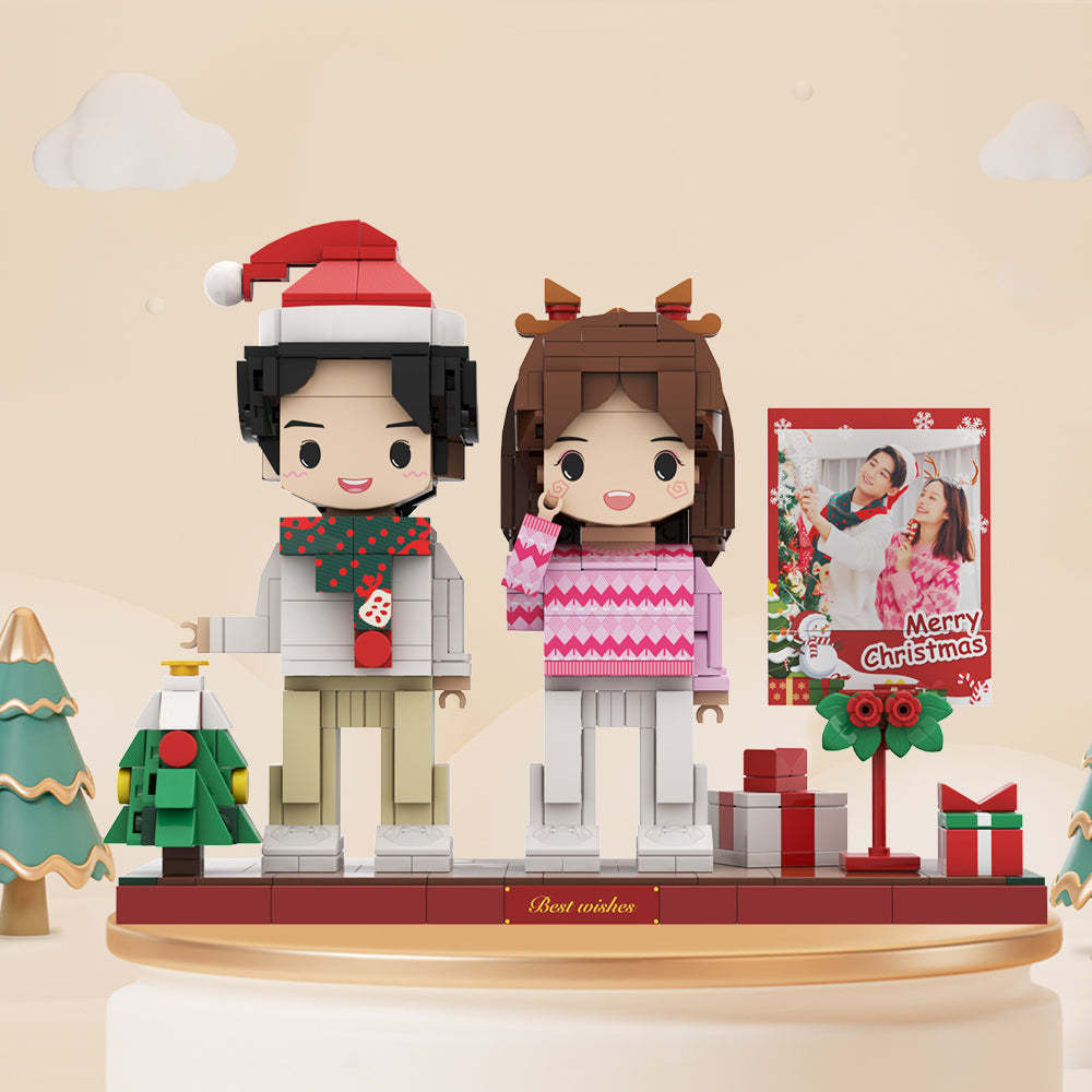 Christmas Brick Figures Full Body Customizable 2 People Photo Frame Custom Cute Brick Figures Universal Interlocking Plastic Toy Secret Couple Gift of Christmas - Get Photo Blanket
