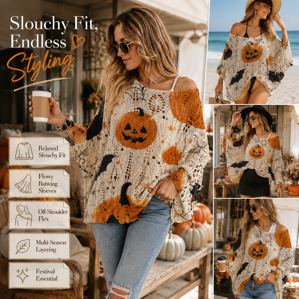 Halloween Pumpkin & Bat Open-Knit Sweater, Retro Relaxed Loose Fit for Fall Parties and Everyday Outfits