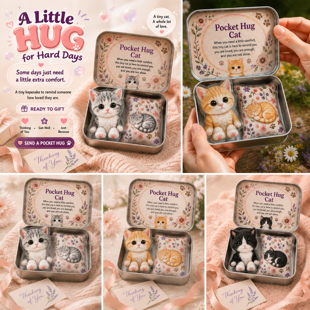 Pocket Hug Cat in Tin Box, Encouragement Comfort Gift, Thoughtful Present for Friends