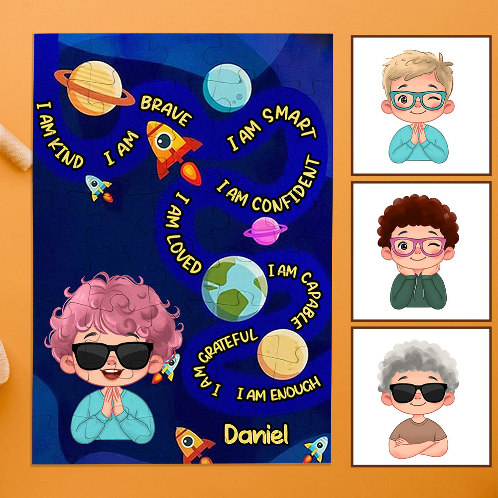 Personalized Puzzle Gift For Children Custom Name Affirmation I Am Puzzle with 5 Background Style Back to School Gift for Kids & Grandson - Get Photo Blanket