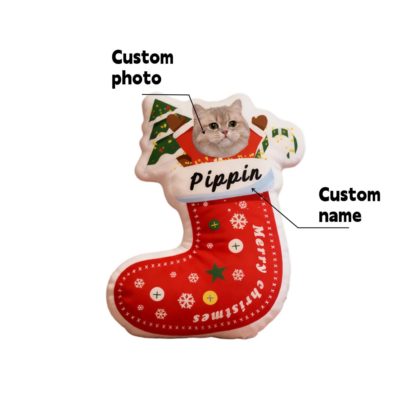 Custom Pet Christmas Stocking Pillow, Personalized Portrait & Name, Pet Face Cushion