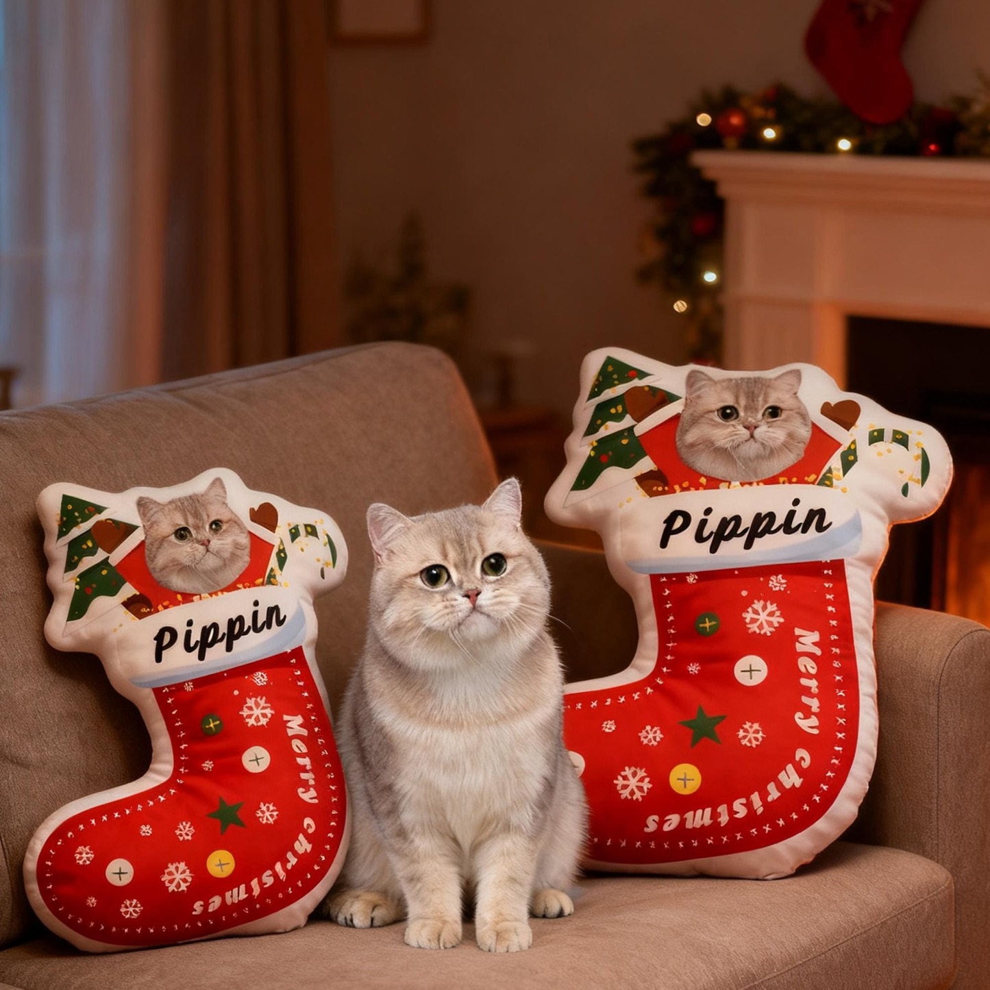 Custom Pet Christmas Stocking Pillow, Personalized Portrait & Name, Pet Face Cushion