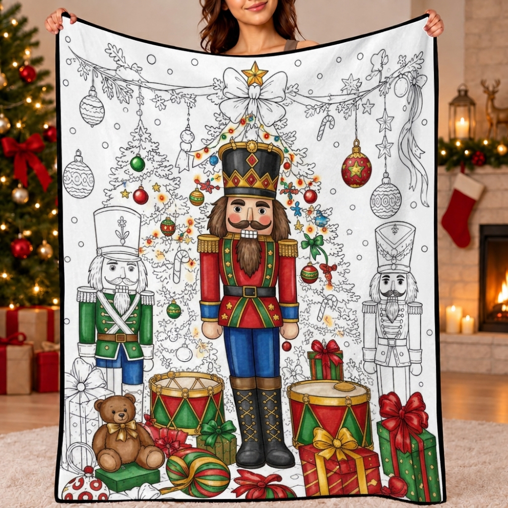 DIY Drawing Christmas Elements Blanket - Christmas Tree, Reindeer, Snowman & Gingerbread Holiday Art Blanket