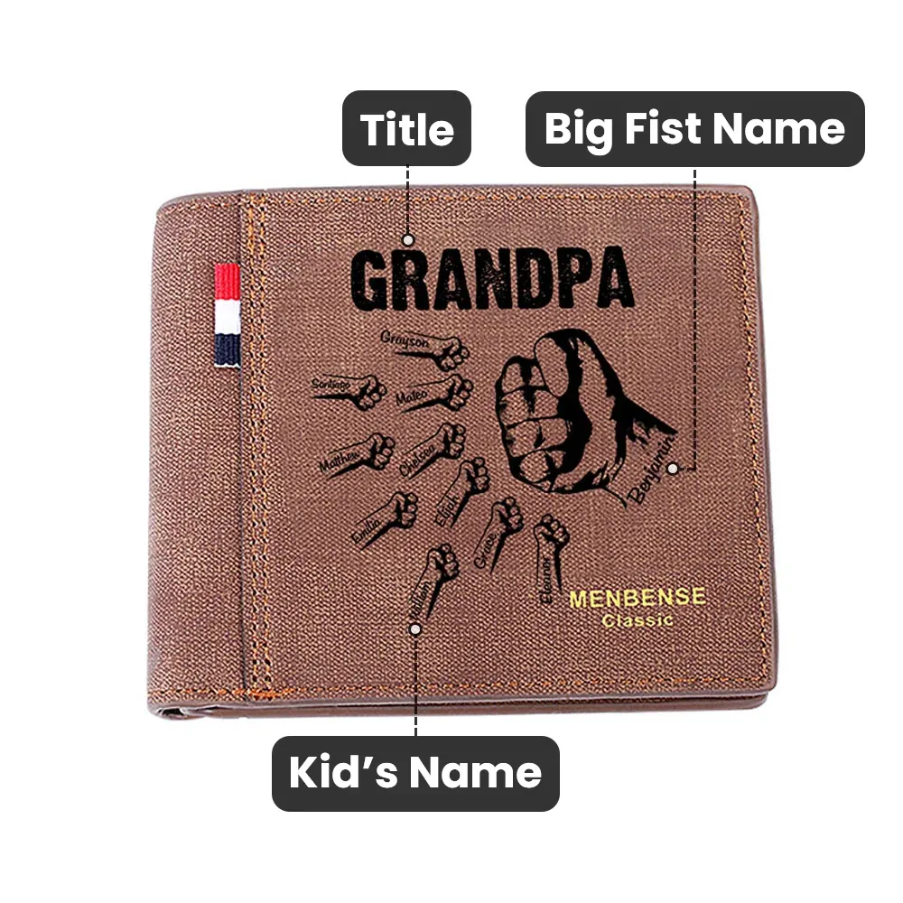 Personalized 1-5 Fists Bump Leather Wallet with Engraved Names Father's Day Birthday Gift for Dad Grandpa