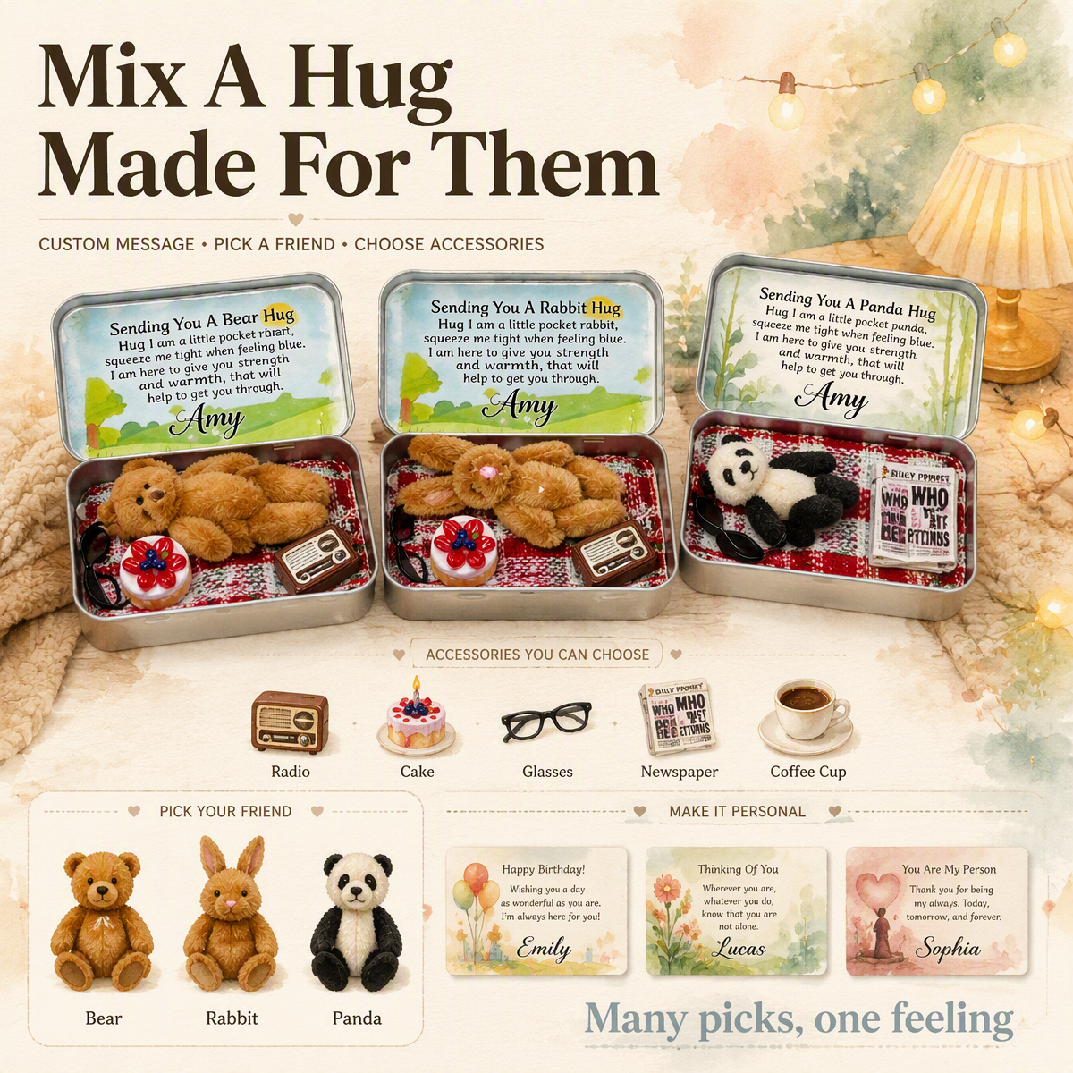 Custom Pocket Hug Tin Box Set – Personalized Mini Plush Animal Keepsake Comfort Gift for Her/Him