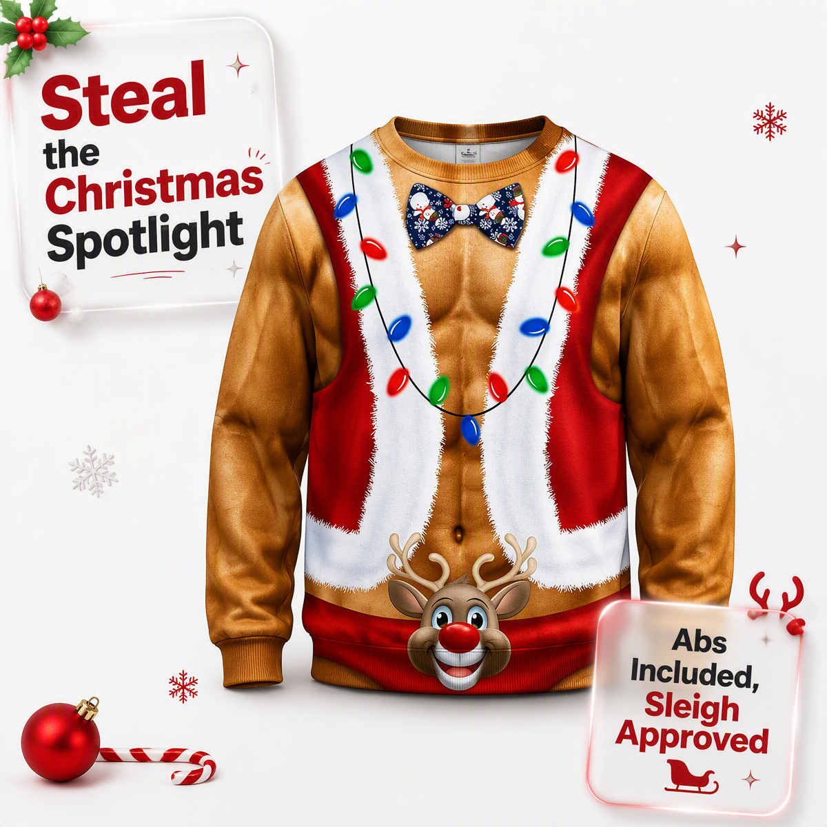 Funny Ripped Santa Muscle Abs Ugly Christmas Sweater – 3D Printed Christmas Lights & Reindeer Bowtie Sweatshirt, Novelty Holiday Party Outfit - Get Photo Blanket