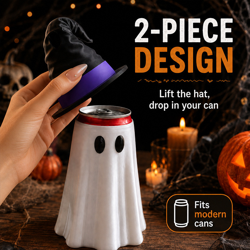 Halloween Ghost Witch Hat Can Cover – Cute Spooky Drink Can Sleeve & Party Decor