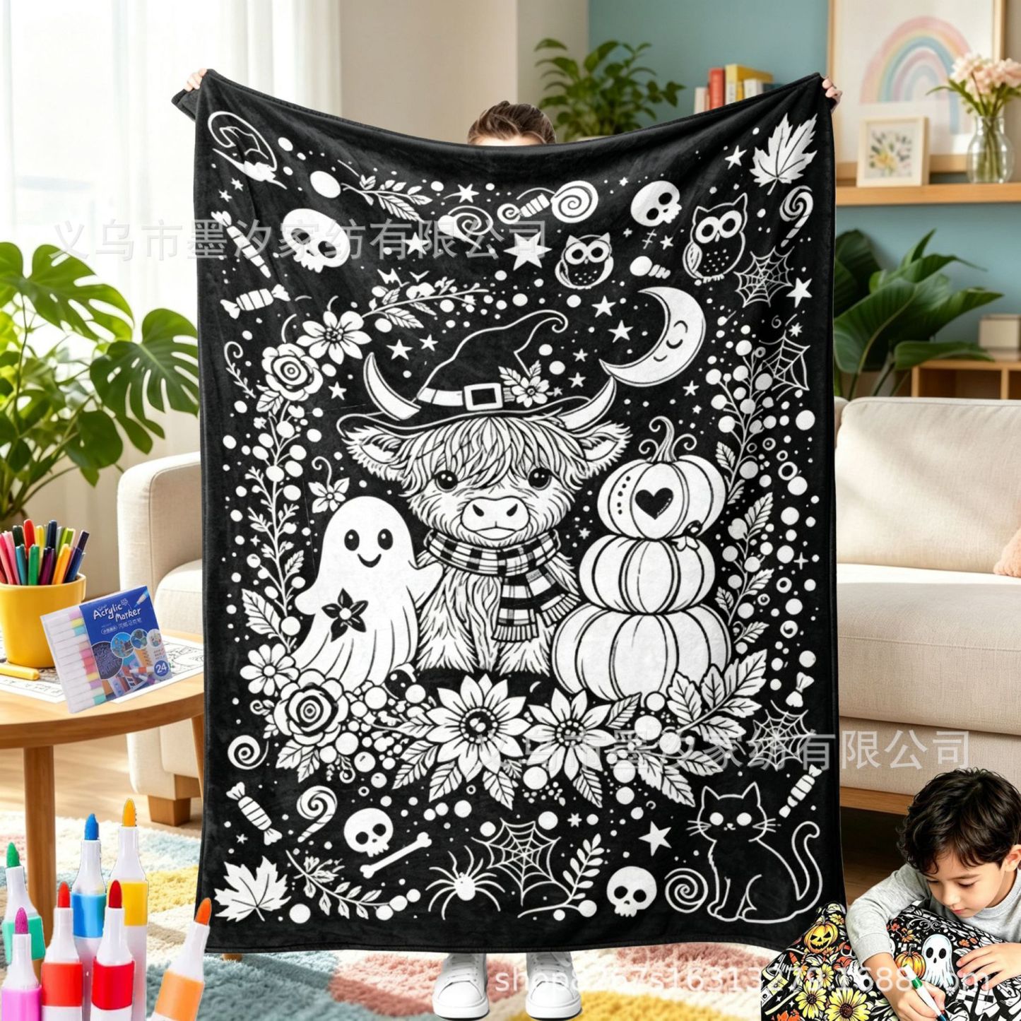 Halloween DIY Drawing Blanket – Creative Art Blanket for Kids & Adults, Spooky Halloween Activity Gift