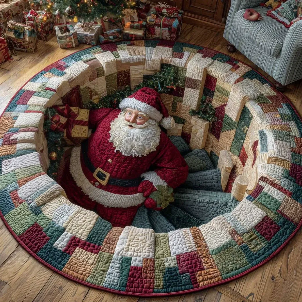 3D Christmas Optical Illusion Round Rug – Bottomless Hole Santa & Gnome Area Rug, Festive Holiday Doormat, Cozy Winter Home Floor Decor