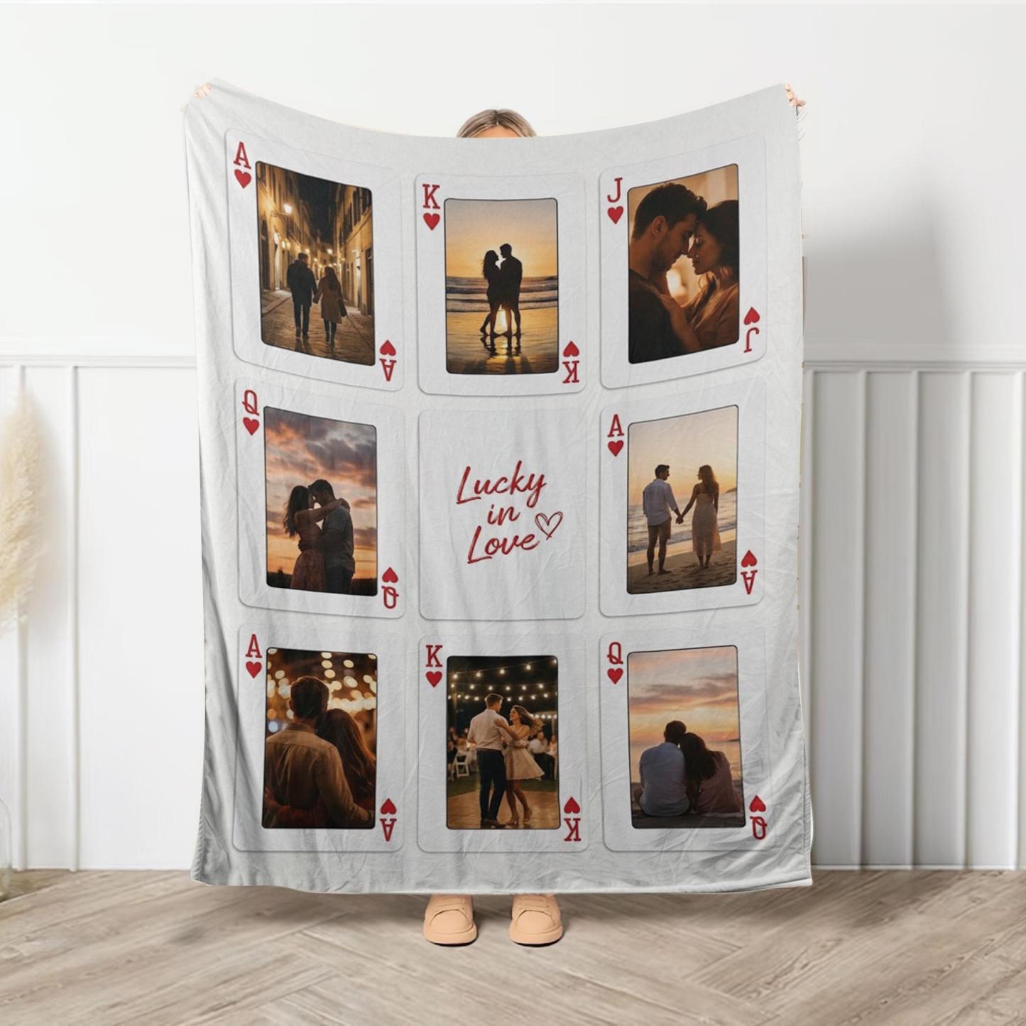 Personalized Playing Cards Fleece Blanket: Custom Photo Red Rose Valentine's Day Anniversary Gift