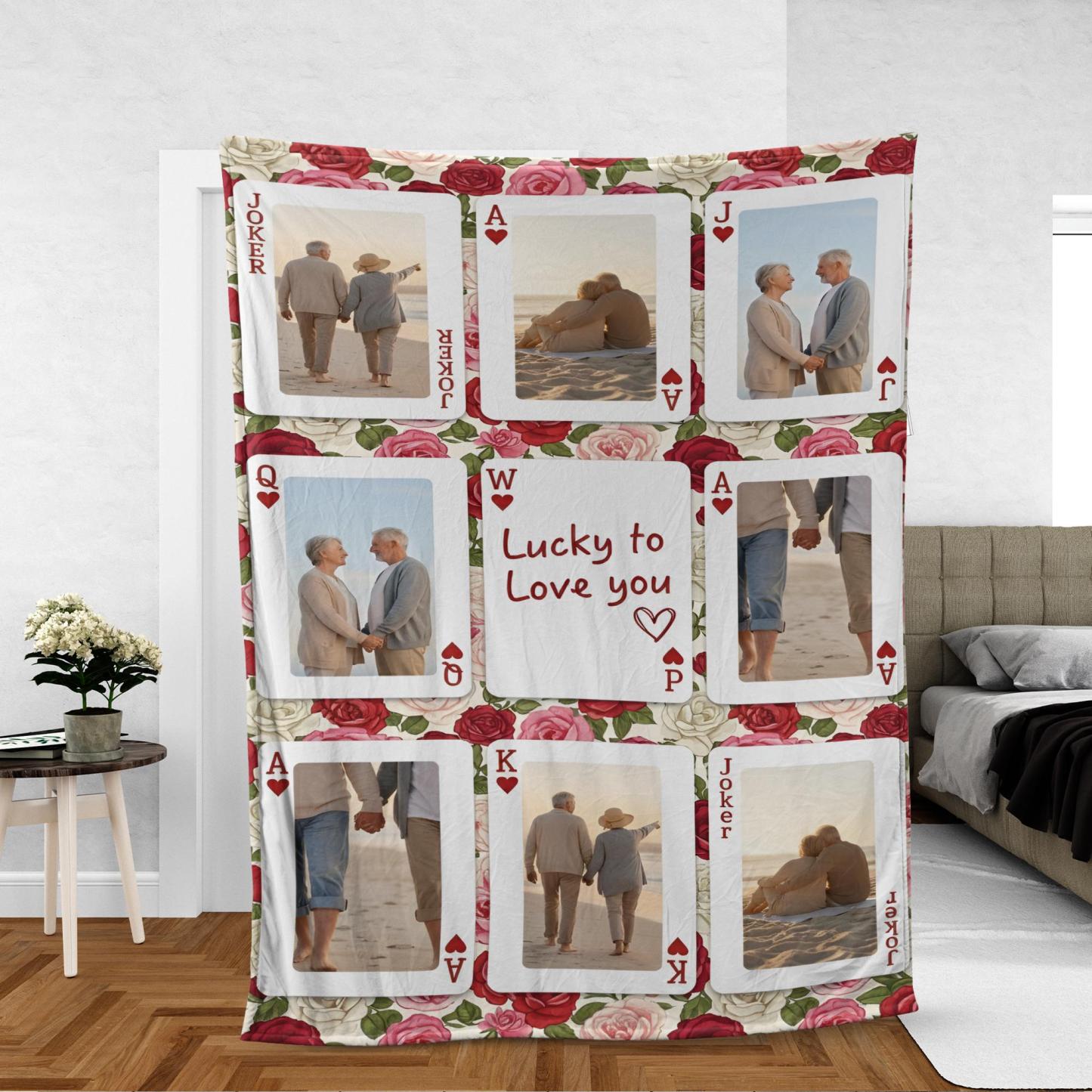 Personalized Playing Cards Fleece Blanket: Custom Photo Red Rose Valentine's Day Anniversary Gift