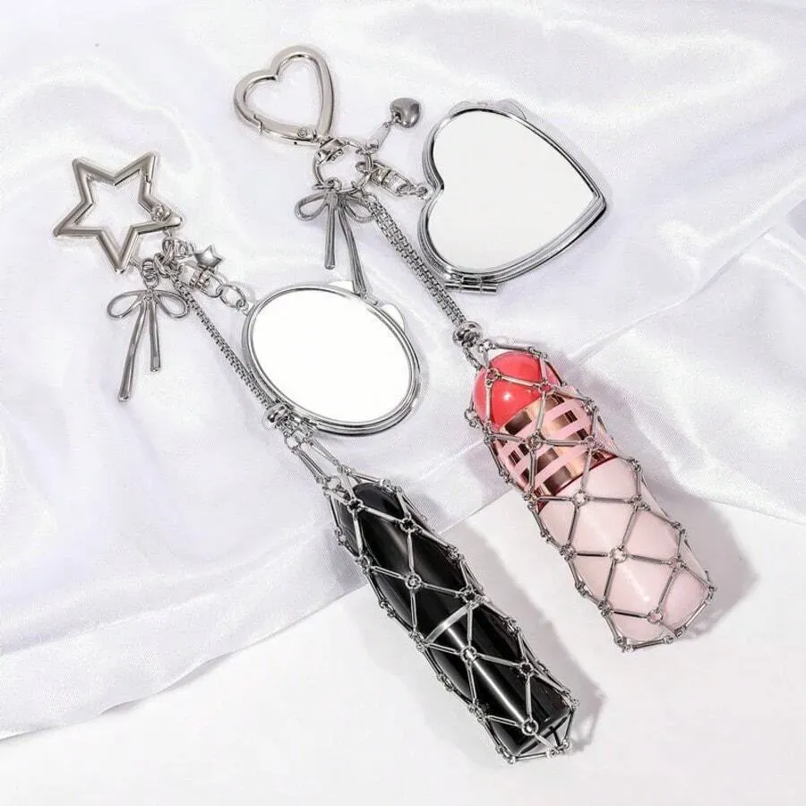 Metal Lipstick Holder Bag Charm Heart & Star Decor Lipstick Case Keychain With Mini Mirror Bag Pendant For Handbags