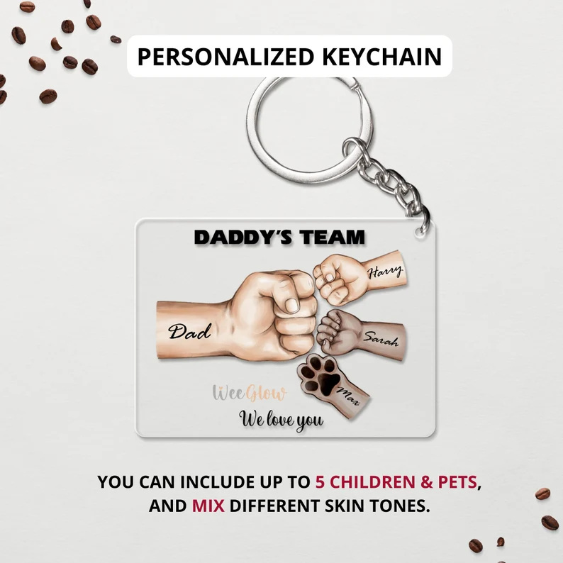 Daddy's Team Fist Bump Personalized Acrylic Keychain, Custom Keyring With Names, Fathers day Gift For Dad Grandpa From Kids Son & Daughter