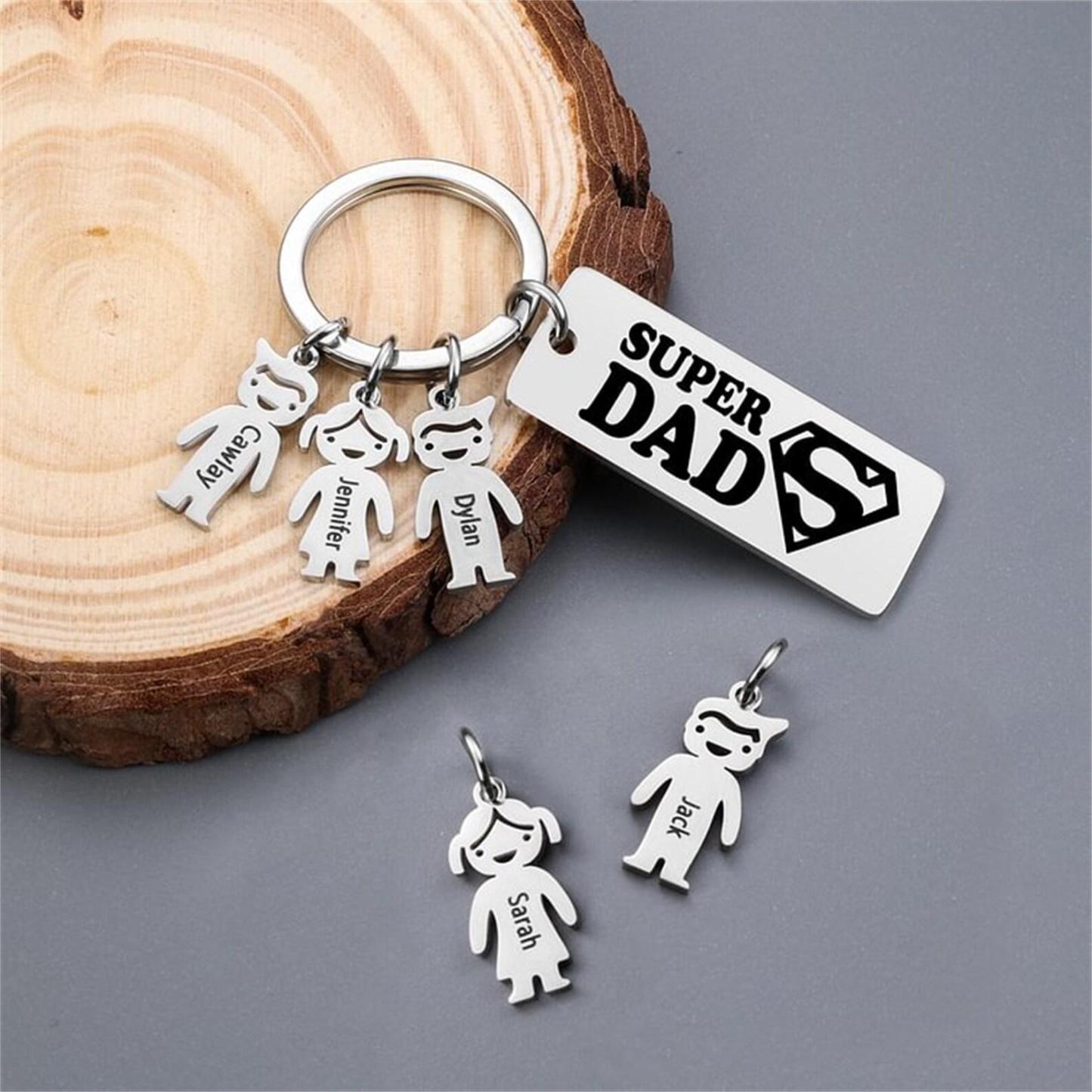 Personalized Super Dad Keychain,Engraved 1-5 Kids Names Charms Keychain,Family Gift for Dad,Daddy Keyring with Kids Names,Father's Day Gift