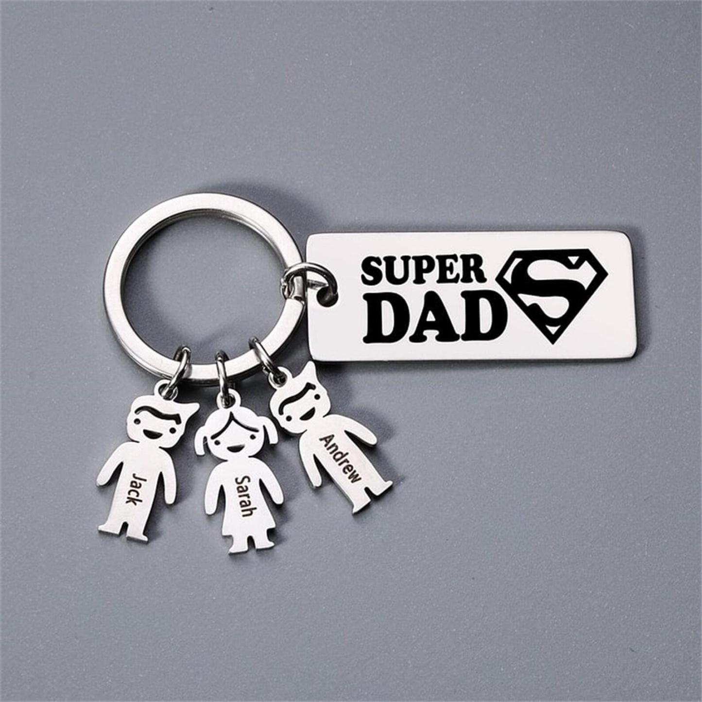 Personalized Super Dad Keychain,Engraved 1-5 Kids Names Charms Keychain,Family Gift for Dad,Daddy Keyring with Kids Names,Father's Day Gift