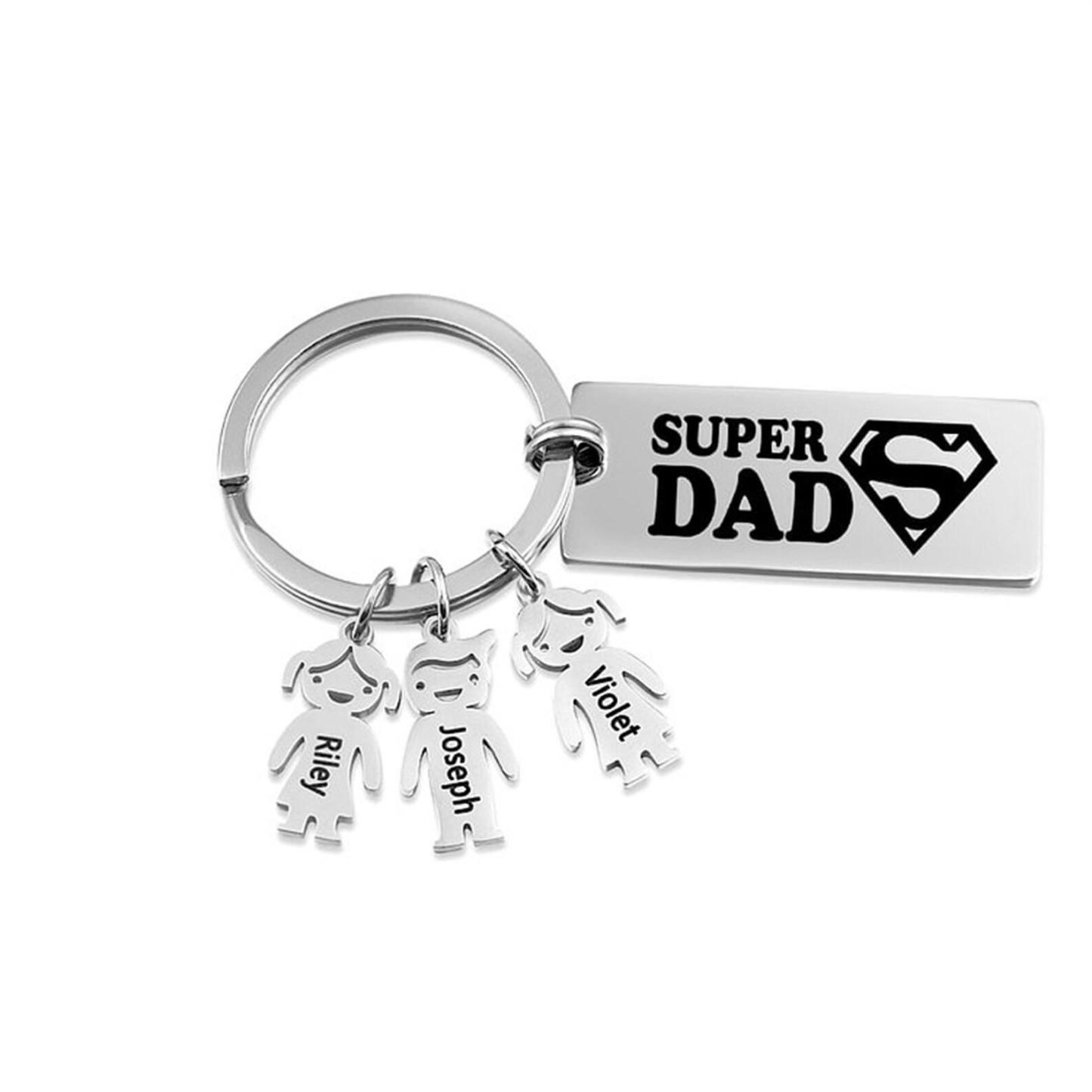 Personalized Super Dad Keychain,Engraved 1-5 Kids Names Charms Keychain,Family Gift for Dad,Daddy Keyring with Kids Names,Father's Day Gift