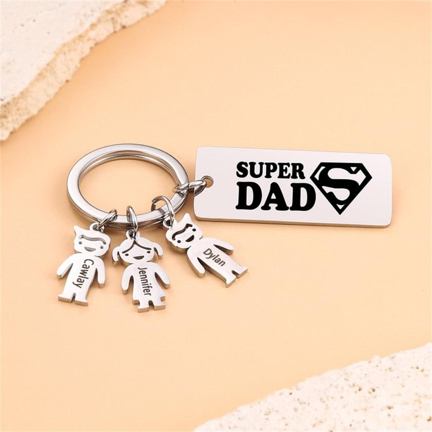 Personalized Super Dad Keychain,Engraved 1-5 Kids Names Charms Keychain,Family Gift for Dad,Daddy Keyring with Kids Names,Father's Day Gift