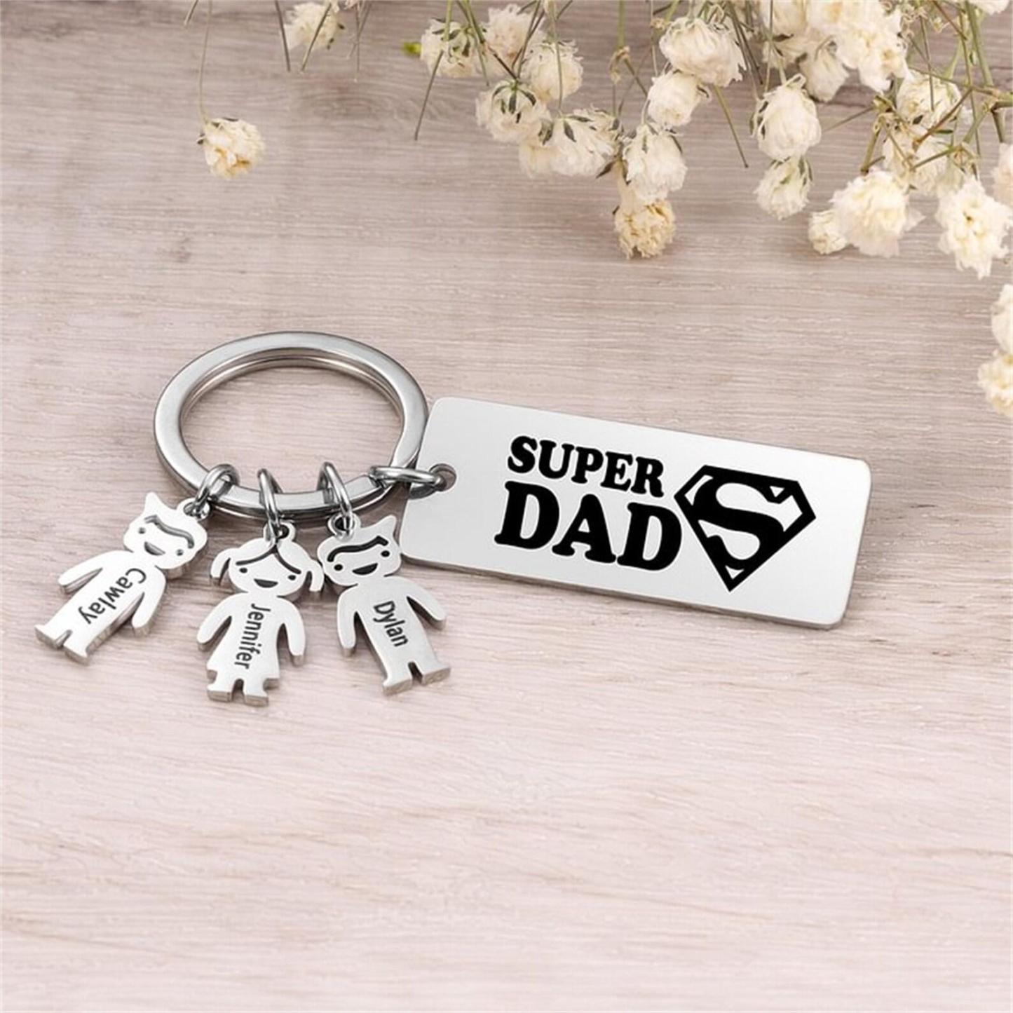 Personalized Super Dad Keychain,Engraved 1-5 Kids Names Charms Keychain,Family Gift for Dad,Daddy Keyring with Kids Names,Father's Day Gift