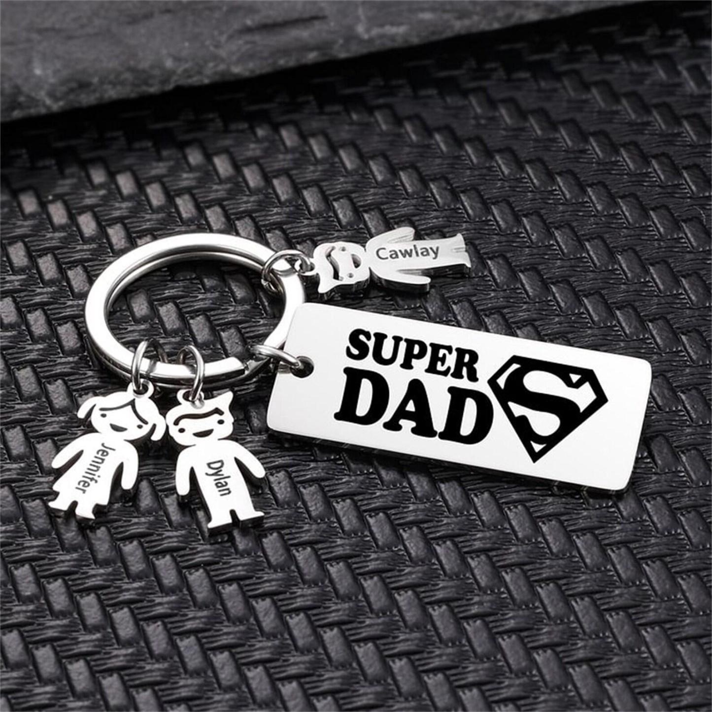 Personalized Super Dad Keychain,Engraved 1-5 Kids Names Charms Keychain,Family Gift for Dad,Daddy Keyring with Kids Names,Father's Day Gift