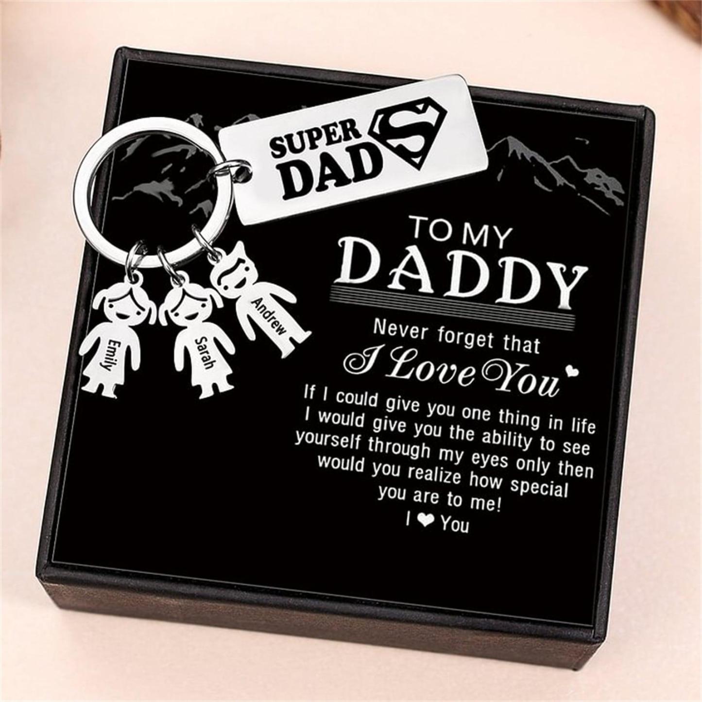 Personalized Super Dad Keychain,Engraved 1-5 Kids Names Charms Keychain,Family Gift for Dad,Daddy Keyring with Kids Names,Father's Day Gift