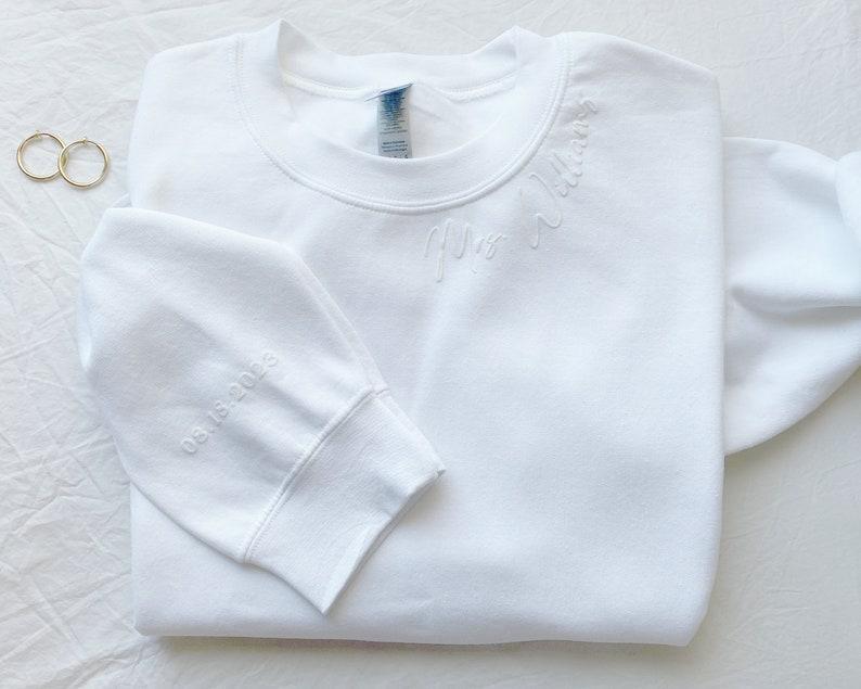 Personalized Mrs Sweatshirt, Custom Wedding Gift, Anniversary Gift for Her, Mrs Neckline Embossed Sweater, Wedding Date Sleeve, Bride To Be
