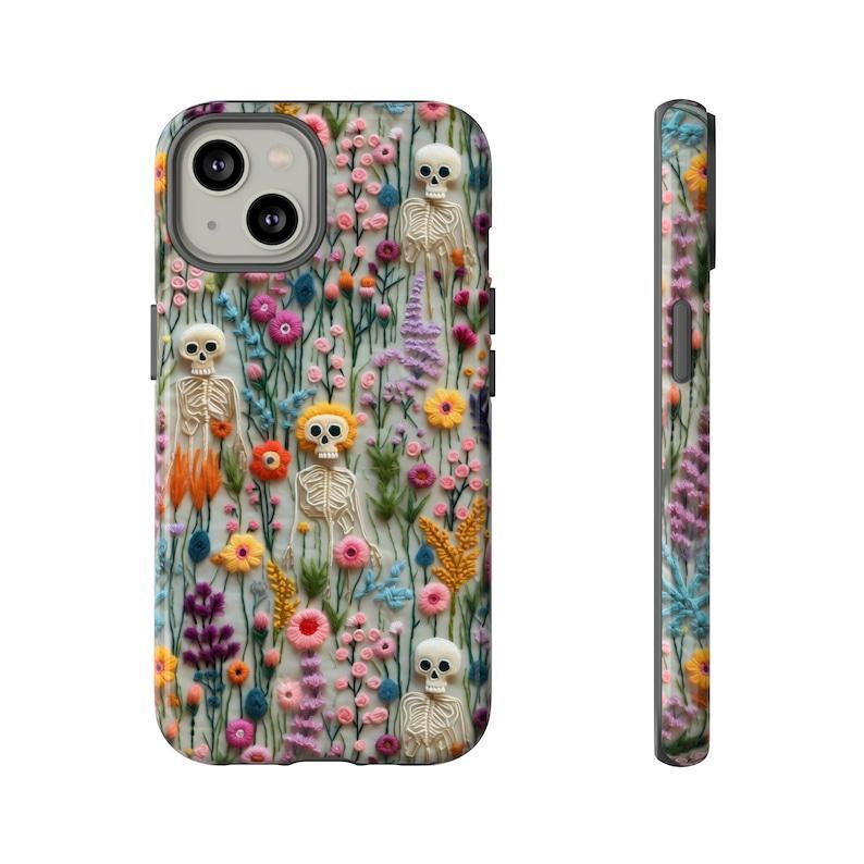 Spooks Come Out At Night Skeleton Phone Case, Embroidered Look Floral Charm Phone Cover, Gothic Cottagecore, iPhone Pixel Samsung S24 Plus