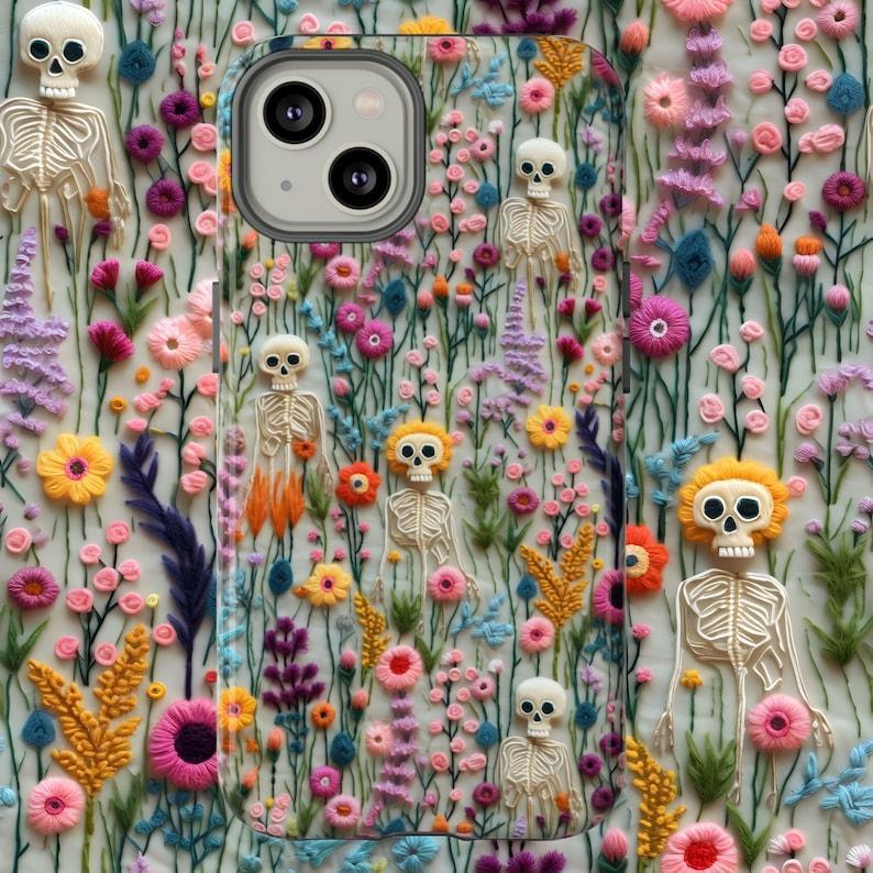 Spooks Come Out At Night Skeleton Phone Case, Embroidered Look Floral Charm Phone Cover, Gothic Cottagecore, iPhone Pixel Samsung S24 Plus