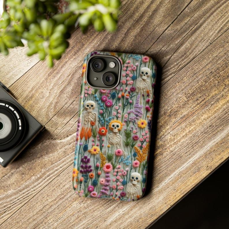 Spooks Come Out At Night Skeleton Phone Case, Embroidered Look Floral Charm Phone Cover, Gothic Cottagecore, iPhone Pixel Samsung S24 Plus